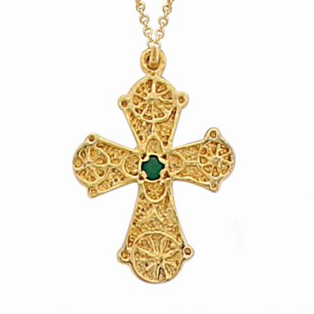 Pendentif en plaqué or, oxyde de zirconium vert, motif croix