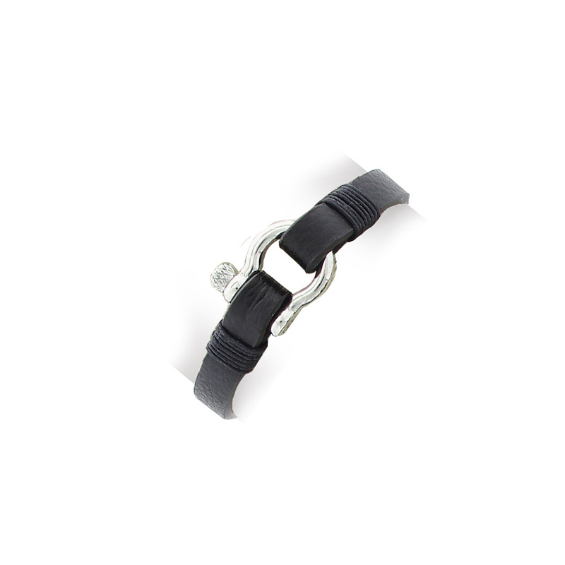 Bracelet en acier cuir noir avec motif manille