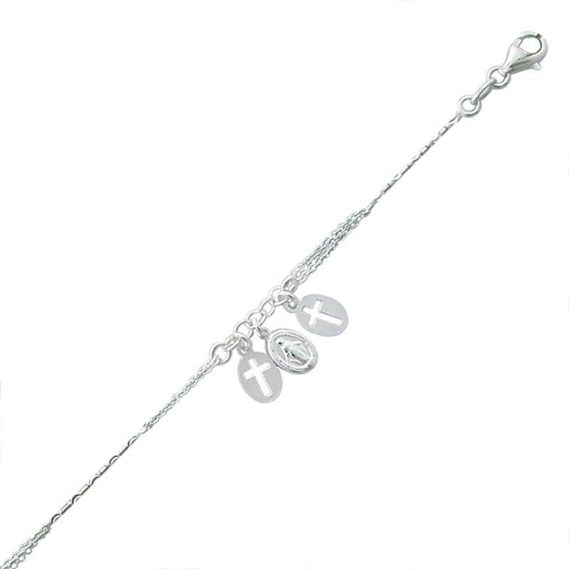 Bracelet breloque en argent, motifs croix ajourés et medailles miraculeuses, avec chaine reglable de 3 cm