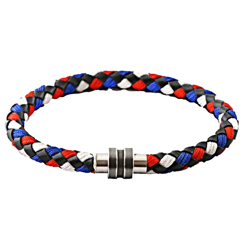 Bracelet en cuir bleu, blanc et rouge, fermeture aimanté en acier