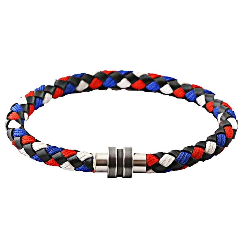 Bracelet en cuir bleu, blanc et rouge, fermeture aimant&eacute; en acier