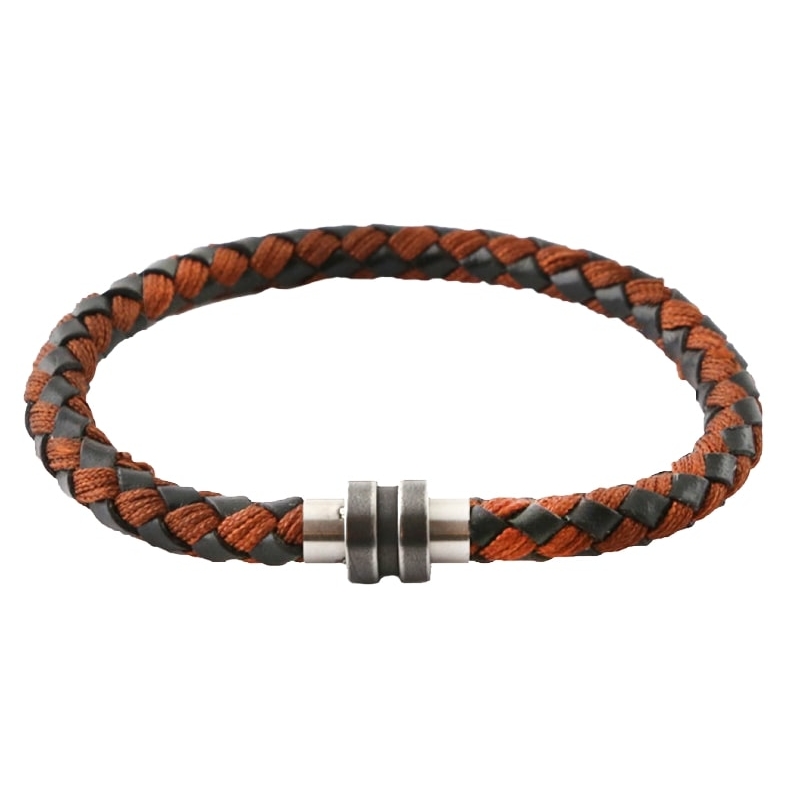 Bracelet en cuir noir et marron, fermeture aimanté en acier