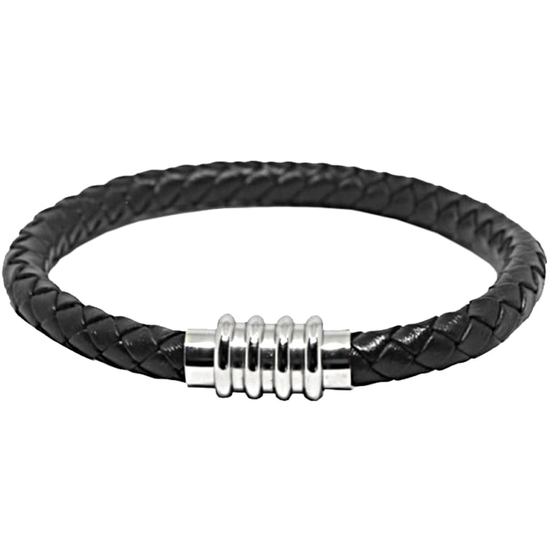 Bracelet en cuir noir, fermeture aimanté en acier