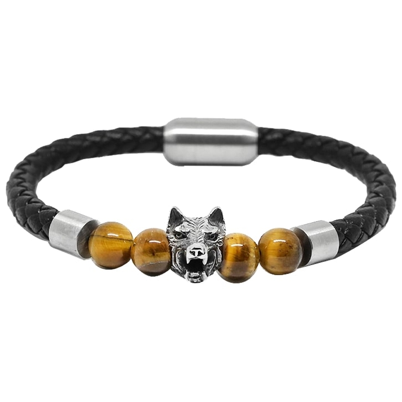 Bracelet en cuir, pierre oeil de tigre, motif tête de loup et fermoir aimanté en acier