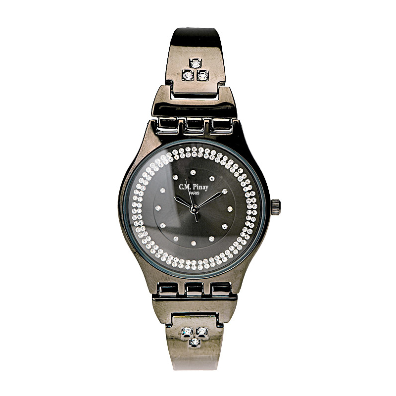 Montre sport CM Pinay, m&eacute;tal noir, cristaux