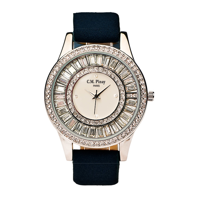 Montre CM Pinay, m&eacute;tal couleur acier, bracelet en cuir noir, cristaux