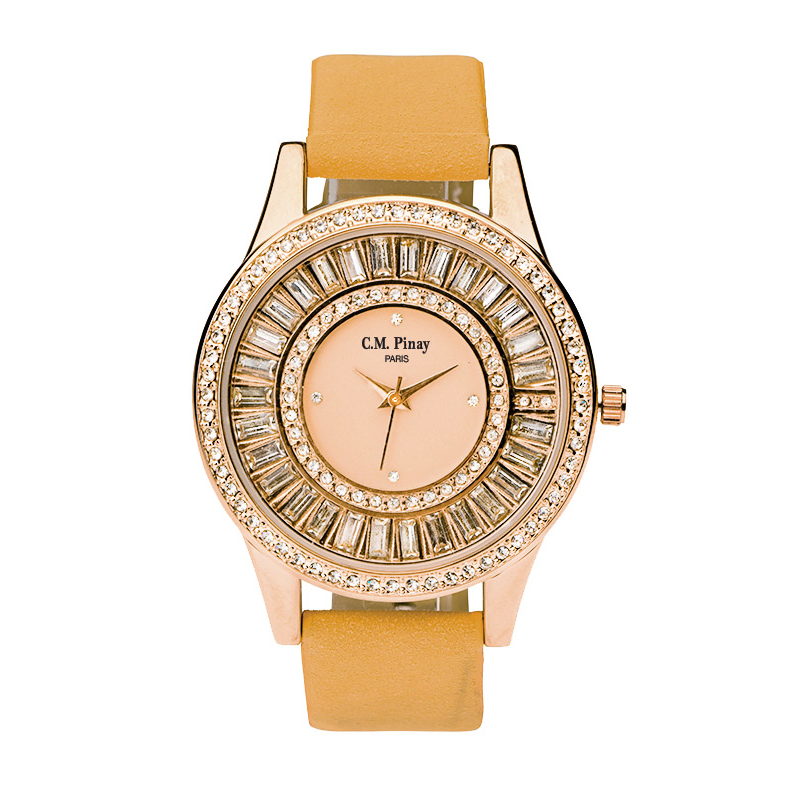 Montre CM Pinay, métal couleur acier, bracelet en cuir beige