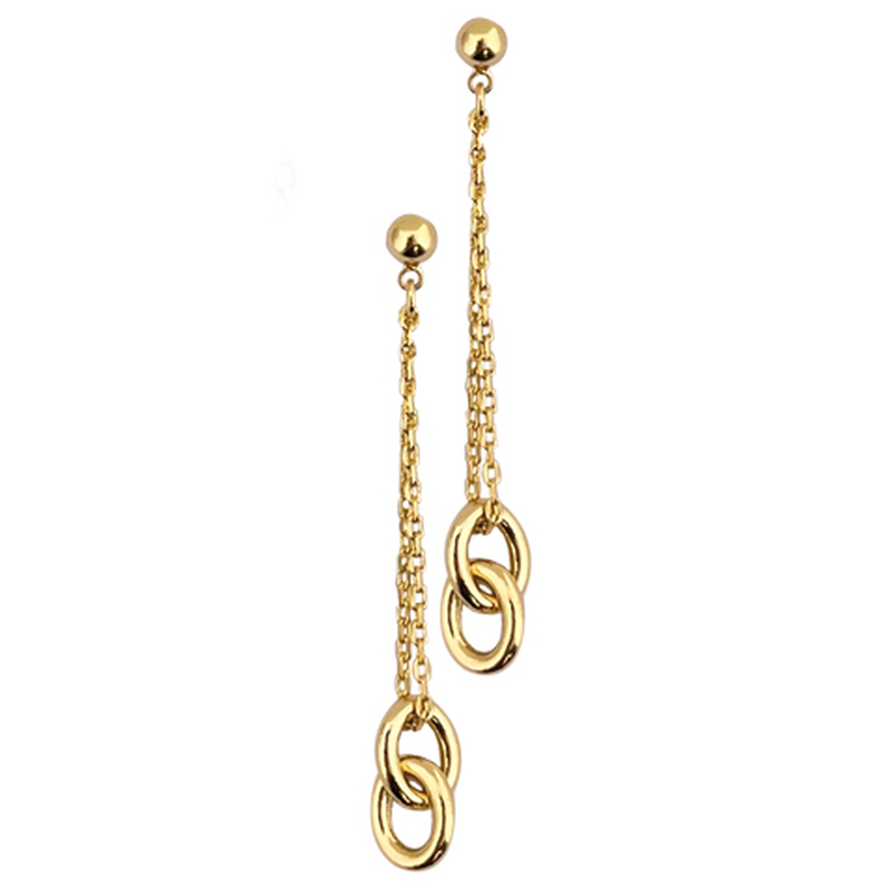 Boucles d'oreilles double chaine pendante plaqué or avec motif 2 anneaux  5cm   sur poussettes