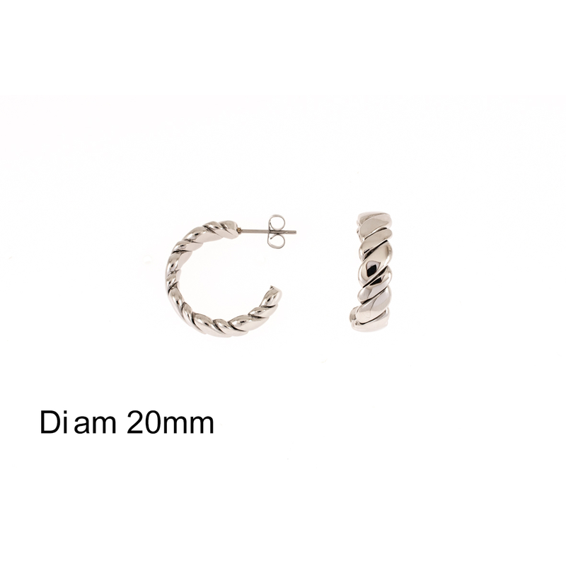 Boucles d'oreilles acier demi créole torsadée diam  20mm