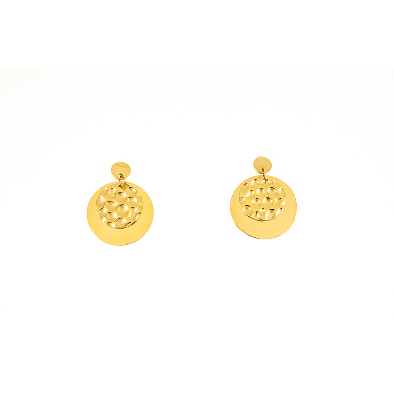 Boucles d'oreilles acier pendante dorée motif pastille ronde martelée brillant diam 20mm