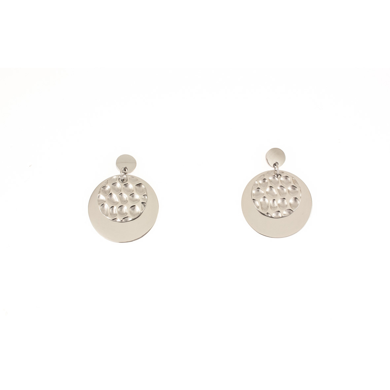 Boucles d'oreilles acier pendante motif pastille ronde martelée brillant diam  20mm
