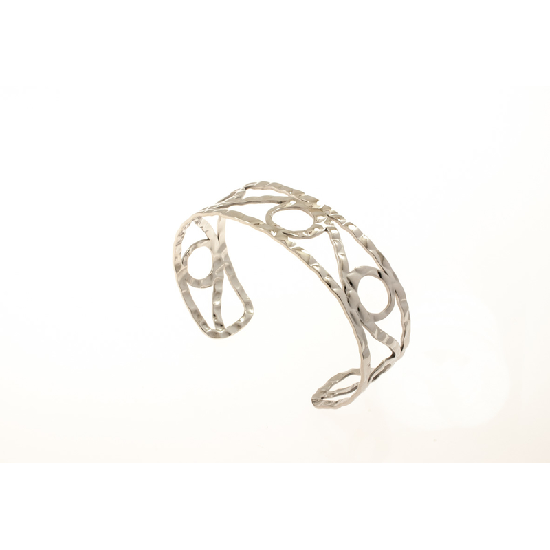Bracelet rigide acier ouvert ajouré martelé brillant