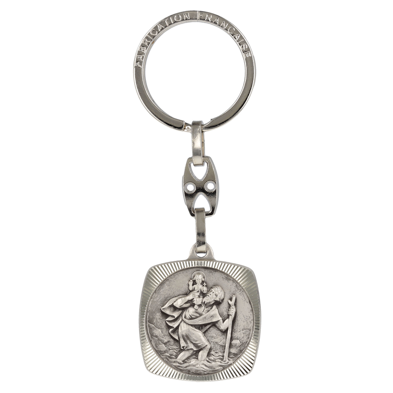 Porte-clés artisanal 'Saint Christophe' rose argenté - 38x25 mm