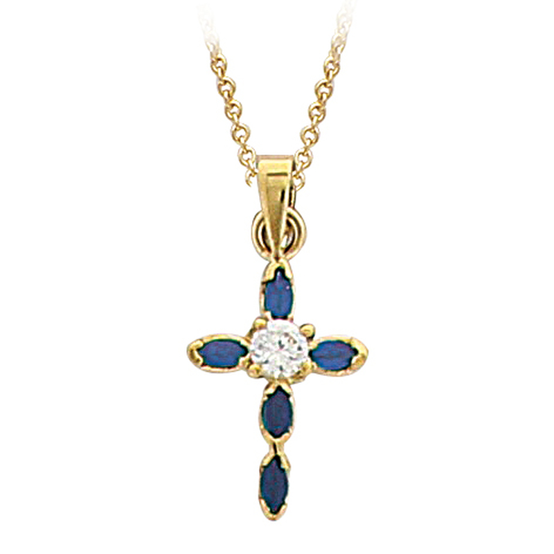 Pendentif croix, saphir et oxyde de zirconium