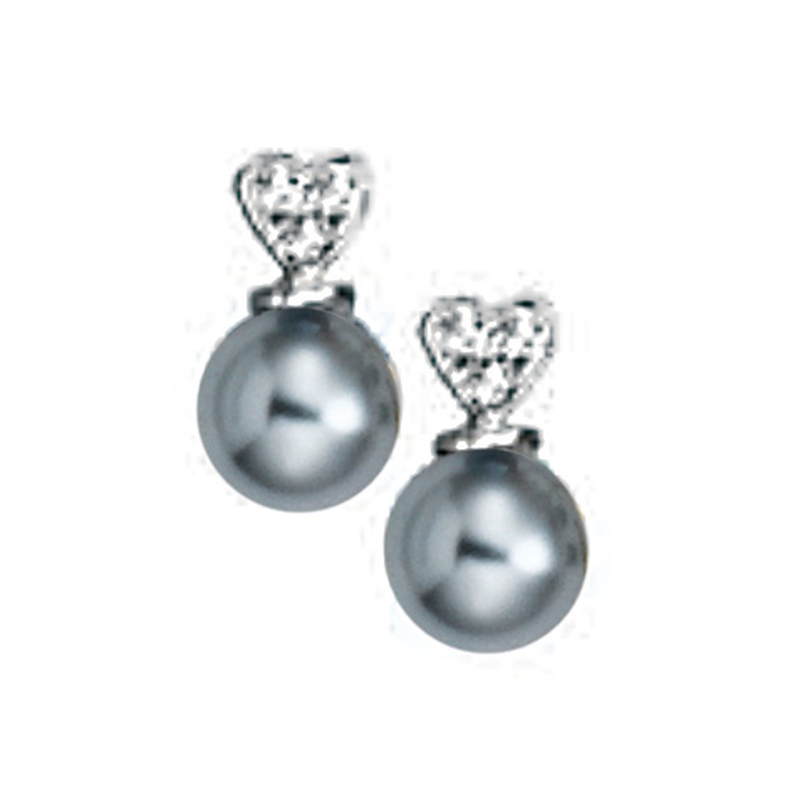 Boucles d'oreilles rhodiées avec oxyde zirconium et perles grise d'imitation