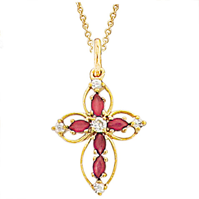 Pendentif croix plaqué or, oxyde de zirconium et rubis