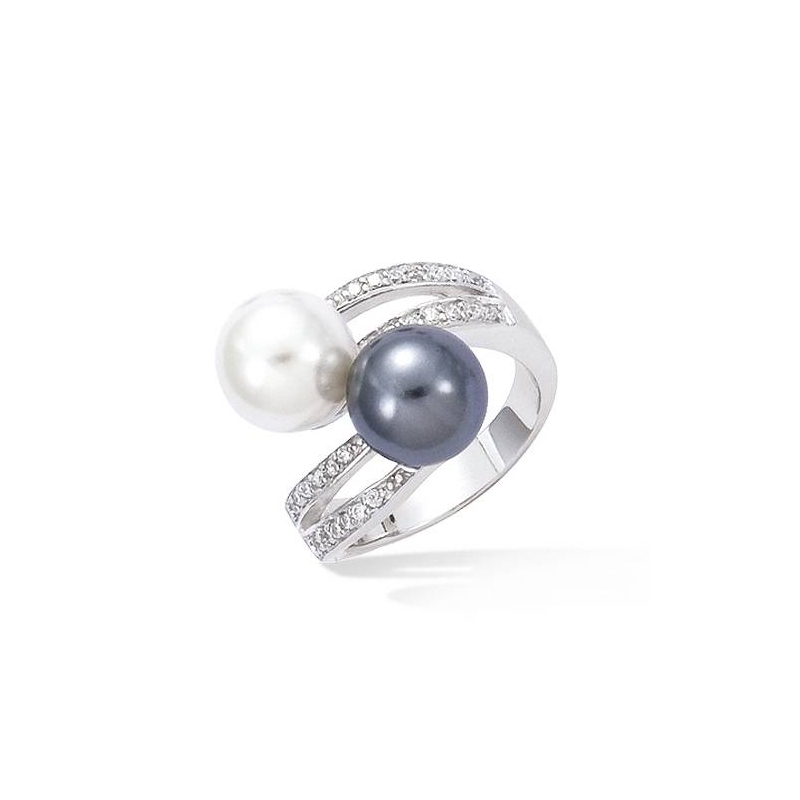 Bague argent avec perles blanche et grise et oxyde de zirconium